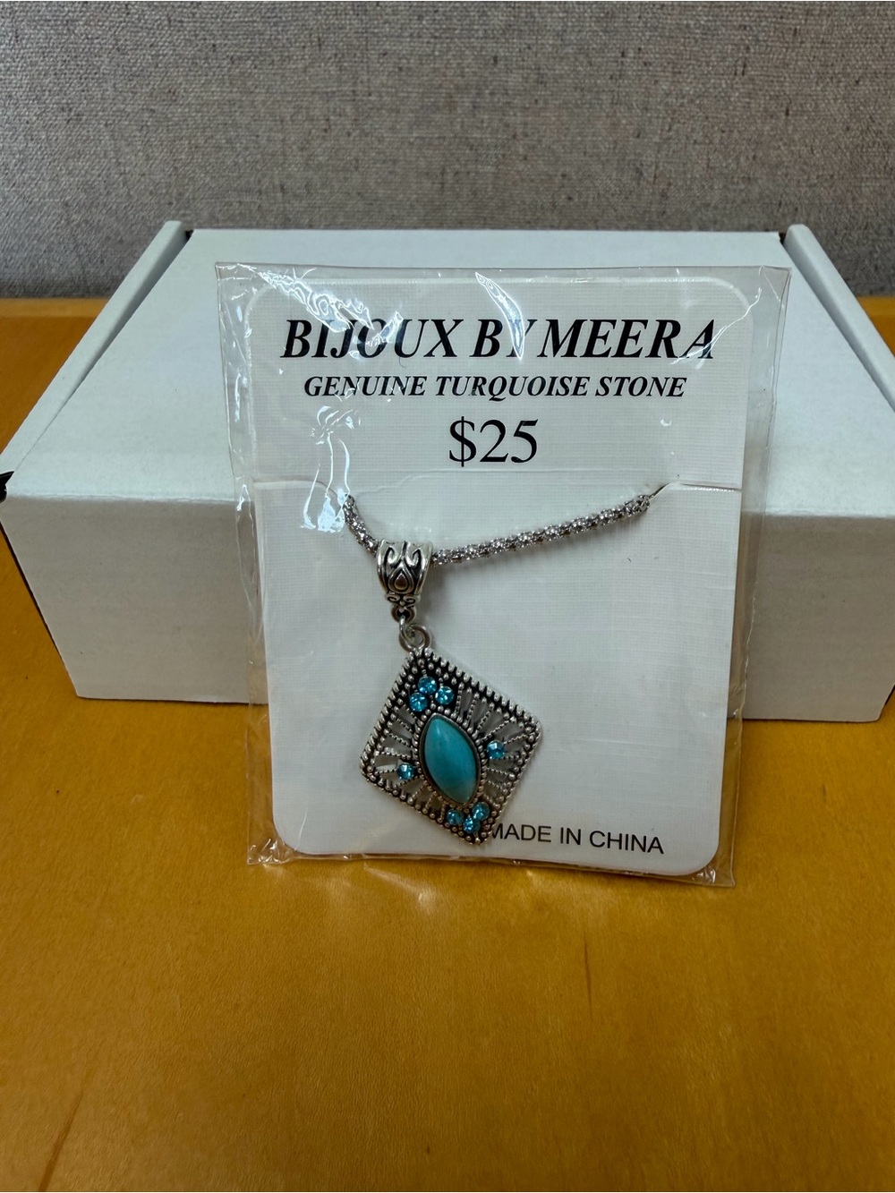 NEW IN SEALED PACK:  GENUINE TURQUOISE STONE ON SILVER TONE CHAIN--APPROX. 16"